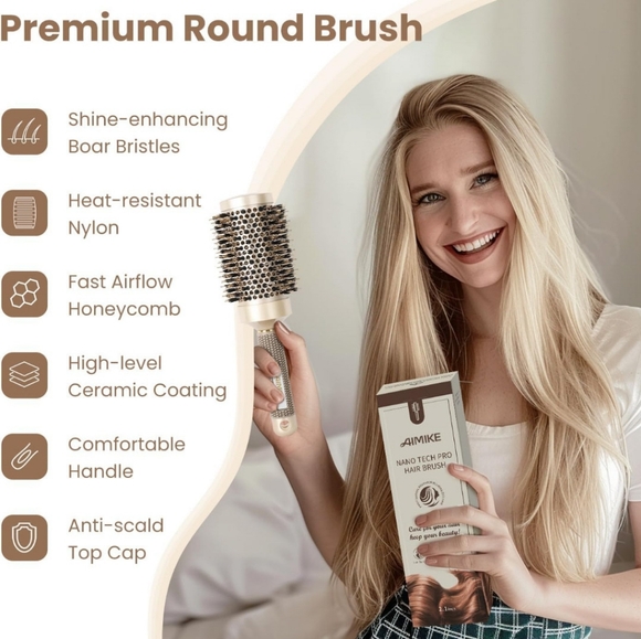 NIB RoseGold Round Barrel Nano Thermal & Ionic Boars Hair Brush & Hair Clips - Picture 2 of 5